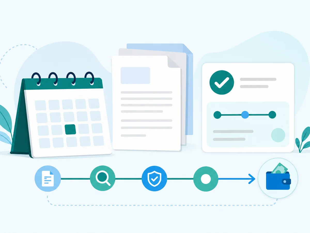 Flat illustration of a refund timeline with a calendar, neutral document cards, and status indicators.